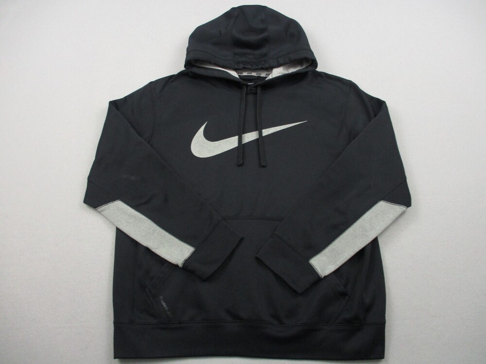 Nike Hoodie Men Medium Black Solid Pullover Therma Fit Big Swoosh Basketball *